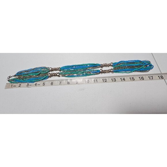 Southwest Boho Blue Seed Bead Necklace Multi Strand Silver Accent Spacers Women - Picture 5 of 6